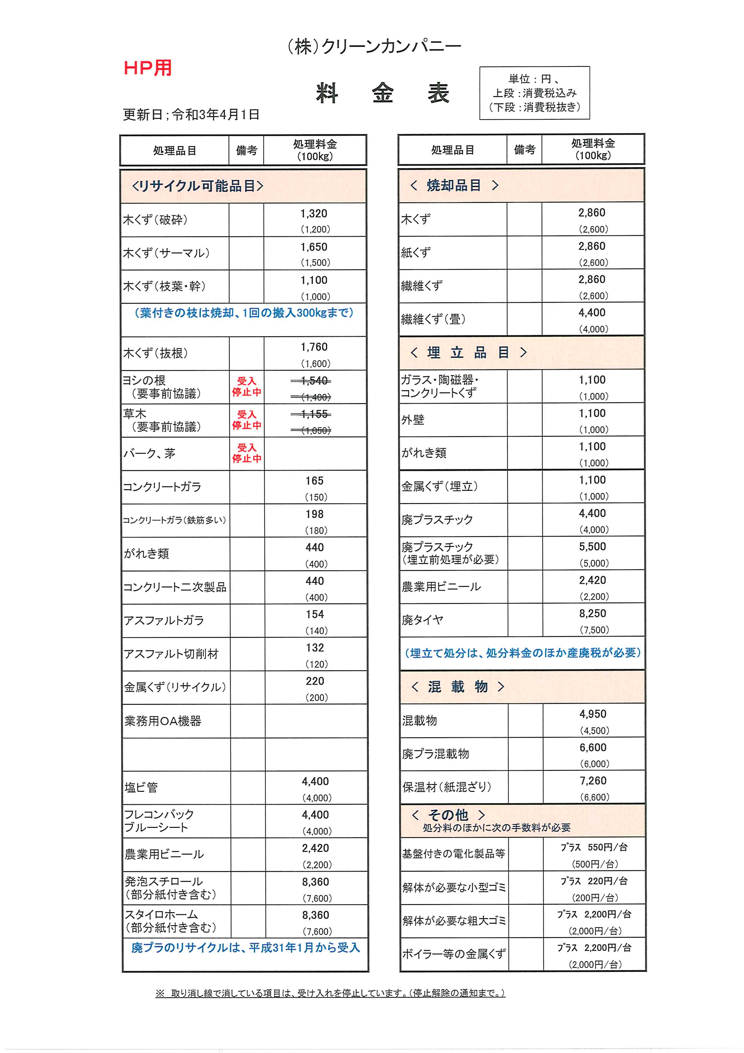 料金表