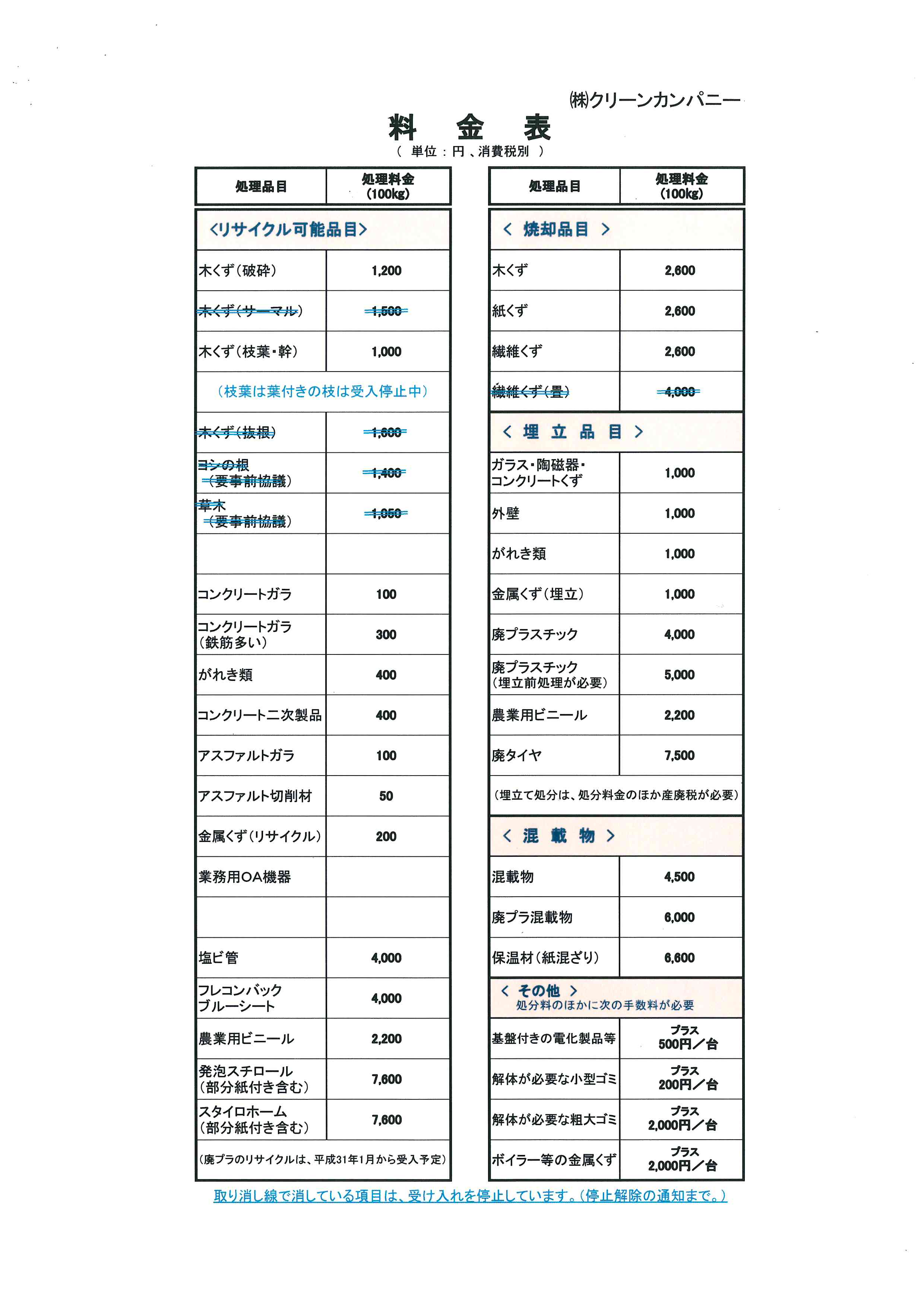 料　金　表（2020年5月28日現在）